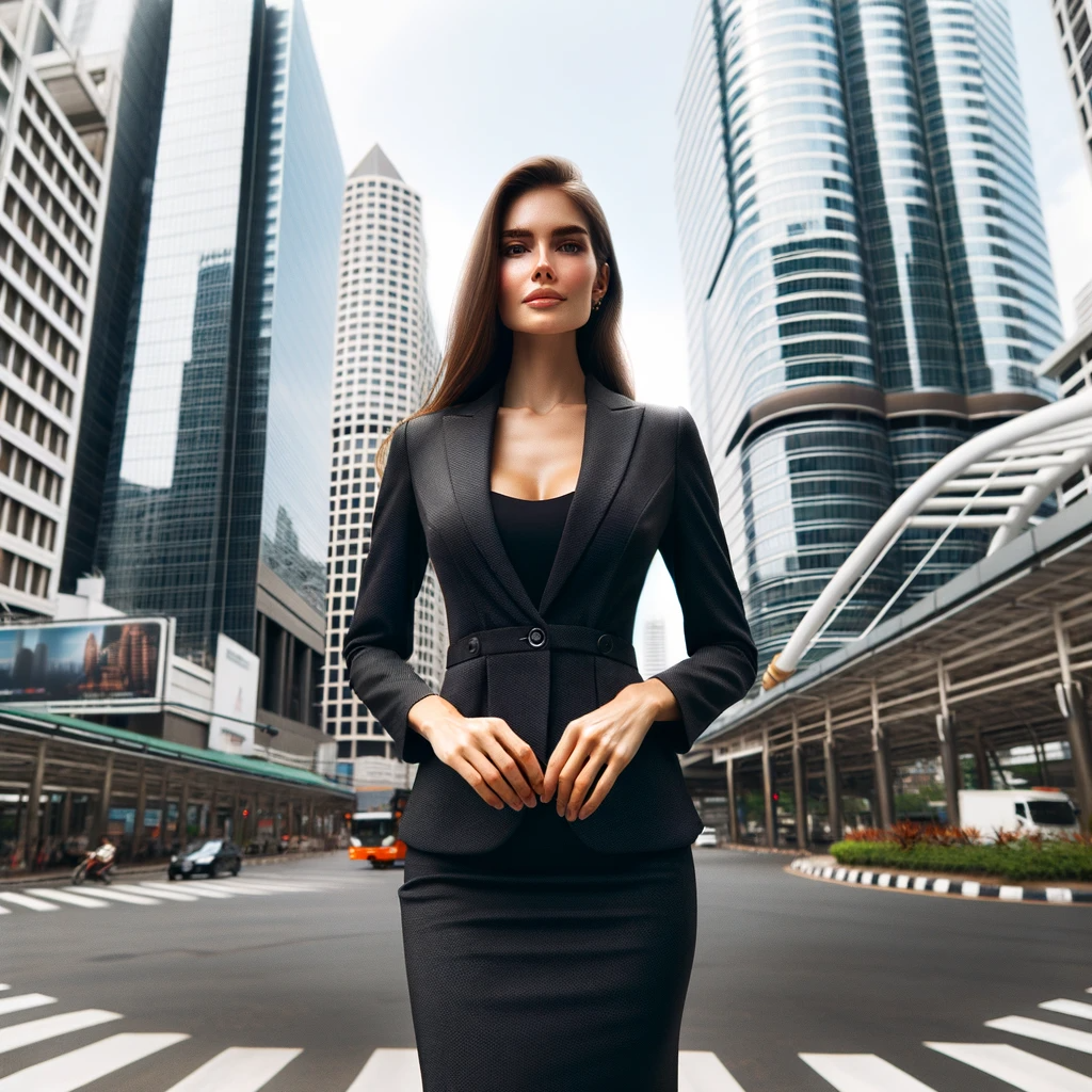 Confident athletic woman in modern business dress standing at an urban crossroads with a contemporary office building in the background.